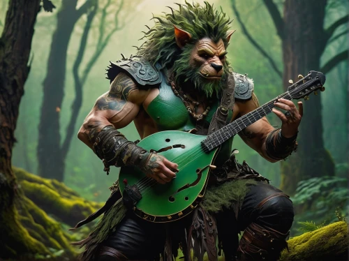 forest man,druid,thundercat,luthier,forest king lion,itinerant musician,bard,orc,art bard,music fantasy,psaltery,faun,musician,shamanic,guitar player,aaa,green dragon,shaman,banjo player,guitor,Conceptual Art,Oil color,Oil Color 07