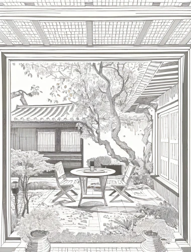 japanese-style room,pergola,garden elevation,frame drawing,interiors,bedroom,dining room,sitting room,house drawing,book illustration,house hevelius,ryokan,tree house,veranda,bodhi tree,hand-drawn illustration,camera illustration,writing desk,garden shed,bedroom window