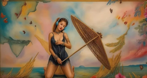 girl on the boat,the sea maid,fantasy art,paddle board,art painting,paddleboard,paddler,hula,photo painting,pin-up girl,cleaning woman,canoe,italian painter,fantasy picture,meticulous painting,easel,oil painting on canvas,seafaring,oil painting,woman hanging clothes,Illustration,Realistic Fantasy,Realistic Fantasy 13