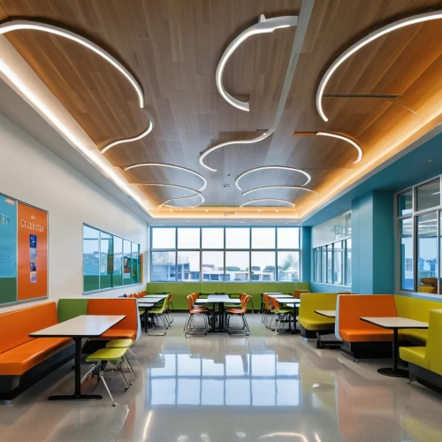 school design,daylighting,cafeteria,ceiling construction,food court,ceiling fixture,canteen,conference room,children's interior,ceiling ventilation,contemporary decor,ceiling lighting,concrete ceiling,lecture hall,modern decor,lecture room,conference room table,ufo interior,mid century modern,search interior solutions,Photography,General,Realistic