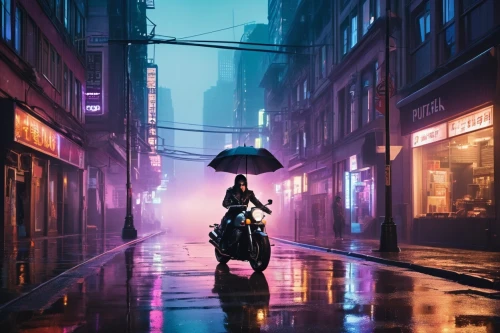 cyberpunk,man with umbrella,electric scooter,in the rain,walking in the rain,shanghai,rainy,monsoon,hanoi,scooter riding,vapor,scooter,hong kong,e-scooter,umbrellas,heavy rain,umbrella,urban,world digital painting,fox in the rain,Conceptual Art,Daily,Daily 06