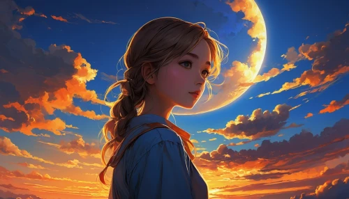 moon and star,sky,rapunzel,moon and star background,mystical portrait of a girl,luna,lunar,world digital painting,hanging moon,fantasy portrait,sky rose,luminous,fantasia,fantasy picture,horizon,stars and moon,blue moon rose,digital painting,girl in a long,alba,Illustration,Japanese style,Japanese Style 13