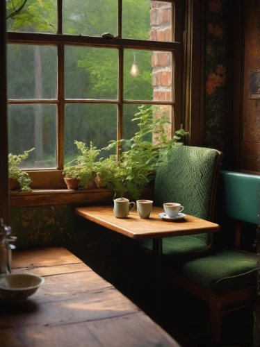 tearoom,breakfast room,the coffee shop,tea zen,breakfast table,watercolor tea shop,coffee shop,wooden bench,wooden windows,country cottage,window sill,summer cottage,garden bench,tea and books,danish furniture,coffeehouse,afternoon tea,morning light,sitting room,intensely green hornbeam wallpaper,Conceptual Art,Daily,Daily 30