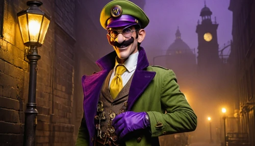 riddler,purple rizantém,twitch icon,mayor,twitch logo,ringmaster,bellboy,inspector,spy,luigi,pyro,magistrate,aristocrat,play escape game live and win,viola,purple,gas lamp,mr,detective,grape pergel,Illustration,Realistic Fantasy,Realistic Fantasy 13