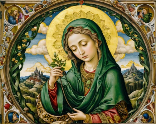 the prophet mary,portrait of christi,to our lady,mary 1,flower of the passion,mary-bud,rosary,raffaello da montelupo,lacerta,mary-gold,floral ornament,woman praying,girl picking flowers,jesus in the arms of mary,the angel with the veronica veil,medicine icon,mary,flora,church painting,the annunciation,Art,Classical Oil Painting,Classical Oil Painting 28