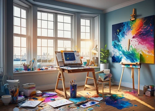 the living room of a photographer,painting technique,creative office,art painting,blue painting,meticulous painting,painter,abstract painting,easel,photo painting,working space,boho art,inspiration ideas,paintings,light of art,work space,glass painting,art tools,creative arts,creative spirit,Illustration,Realistic Fantasy,Realistic Fantasy 19