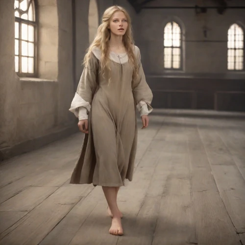 girl in a historic way,tilda,celtic woman,women's clothing,joan of arc,the enchantress,barefoot,the blonde in the river,leonardo da vinci,overcoat,woman walking,the night of kupala,suit of the snow maiden,king lear,long coat,dove,vanity fair,pilgrim,the girl in nightie,women clothes,Photography,Cinematic