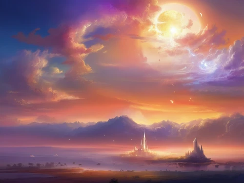 fantasy landscape,hot-air-balloon-valley-sky,fantasy picture,dusk background,world digital painting,evening atmosphere,dream world,dreamland,fantasy world,skyflower,an island far away landscape,fantasy art,landscape background,futuristic landscape,airships,eventide,skyscape,the horizon,cloudscape,fantasia,Illustration,Realistic Fantasy,Realistic Fantasy 01