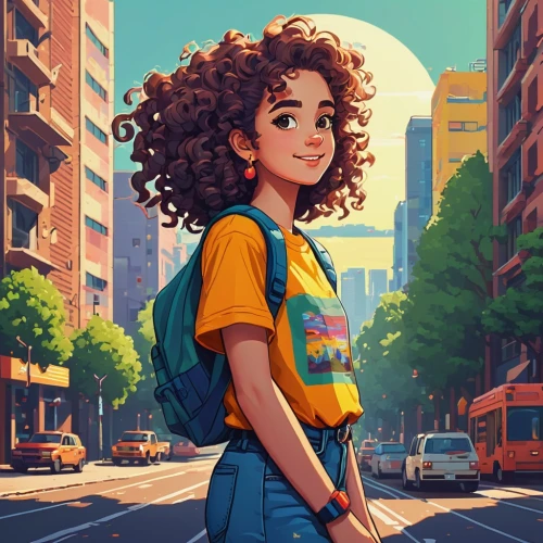 city ​​portrait,girl in t-shirt,girl portrait,digital painting,kids illustration,retro girl,colorful city,pedestrian,world digital painting,city youth,digital illustration,girl walking away,girl drawing,80s,a pedestrian,retro styled,vector girl,girl studying,girl with tree,digital art,Photography,Documentary Photography,Documentary Photography 16