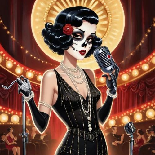 cabaret,dita,rockabella,vaudeville,la catrina,catrina calavera,cruella de ville,jazz singer,calaverita sugar,la calavera catrina,dita von teese,vampira,burlesque,ann margarett-hollywood,neo-burlesque,showgirl,femme fatale,fanny brice,theatrical,roaring 20's,Illustration,Retro,Retro 12