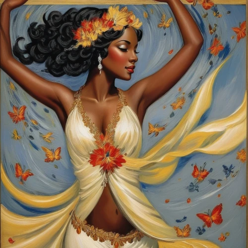 african american woman,cupido (butterfly),beautiful african american women,yellow butterfly,vanessa (butterfly),ulysses butterfly,art deco woman,african woman,boho art,afro american girls,mucha,flower fairy,passion butterfly,black woman,hesperia (butterfly),afro american,oil painting on canvas,prosperity and abundance,fantasy woman,hula,Illustration,Realistic Fantasy,Realistic Fantasy 21