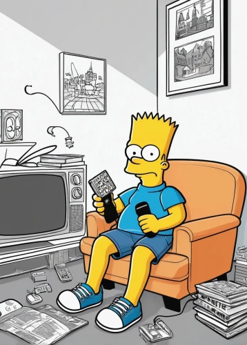 bart,homer simpsons,homer,watch tv,tv set,television,tv,relaxing reading,television set,television accessory,internet addiction,cable television,flanders,television program,television character,man with a computer,retro television,hdtv,studio couch,tv channel,Illustration,Black and White,Black and White 04