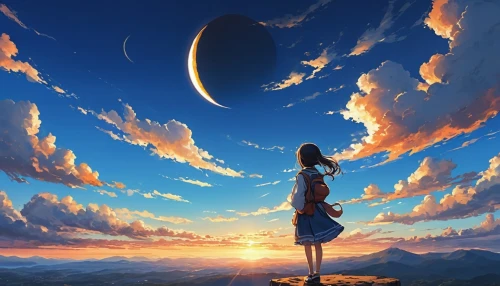 sky,earth rise,heliosphere,skyscape,moon and star background,dream world,horizon,the horizon,celestial body,summer sky,skywatch,cosmos wind,skies,the sky,fantasy picture,planet,sky rose,moon and star,celestial phenomenon,other world,Illustration,Japanese style,Japanese Style 09