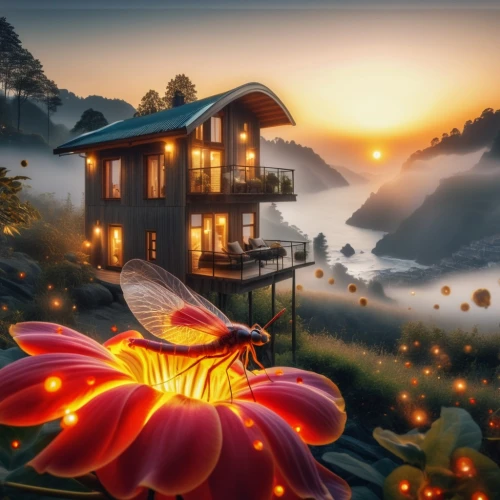 flower in sunset,home landscape,landscape background,world digital painting,mushroom landscape,house in mountains,fantasy landscape,fantasy picture,beautiful home,house in the mountains,summer cottage,alpine village,evening atmosphere,splendor of flowers,cartoon video game background,the cabin in the mountains,autumn background,lilies of the valley,little house,cottage,Photography,General,Realistic