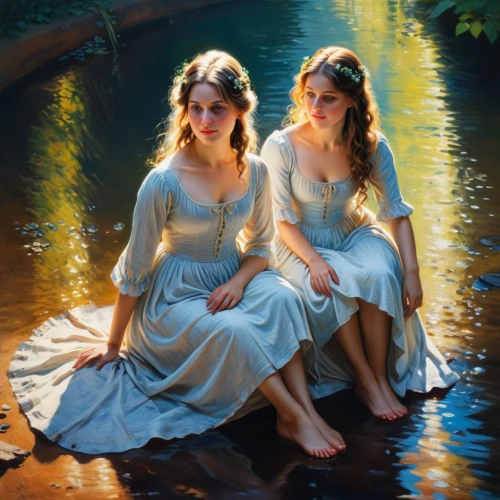 celtic woman,oil painting on canvas,oil painting,beautiful photo girls,angels,princesses,emile vernon,young women,the blonde in the river,vintage fairies,mermaids,fairies,two girls,romantic portrait,jessamine,lionesses,the night of kupala,water nymph,fantasy picture,singers,Art,Classical Oil Painting,Classical Oil Painting 09