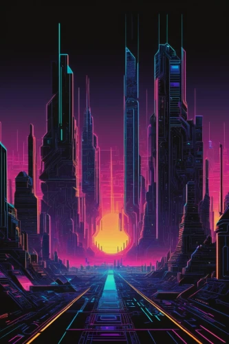 futuristic landscape,cyberpunk,metropolis,80's design,fantasy city,cityscape,scifi,vast,futuristic,neon arrows,sci-fi,sci - fi,80s,cyberspace,dusk,sci fi,seismic,dystopian,dystopia,cyber,Conceptual Art,Sci-Fi,Sci-Fi 15