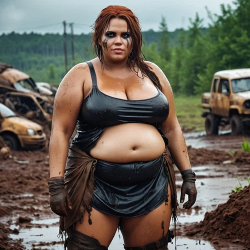 hard woman,post apocalyptic,mud wrestling,mud,warrior woman,plus-size model,barbarian,off-road outlaw,female warrior,croft,construction worker,female worker,mad max,obstacle race,mud bogging,barb wire,strong woman,wasteland,heavy equipment,lada,Photography,General,Realistic