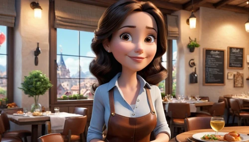 waitress,agnes,cute cartoon character,animated cartoon,disney character,woman at cafe,tiana,russo-european laika,ratatouille,cute cartoon image,princess anna,the girl's face,shanghai disney,bistro,3d rendered,cinema 4d,clay animation,rapunzel,capellini,girl with bread-and-butter,Unique,3D,3D Character