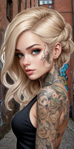 tattoo girl,blonde woman,tattoo artist,blonde girl,portrait background,blond girl,tattoos,cool blonde,world digital painting,fashion vector,female model,artificial hair integrations,with tattoo,fantasy art,artist doll,my clipart,illustrator,harley,tattoo expo,punk,Female,Eastern Europeans,Straight hair,Youth adult,M,Confidence,Underwear,Outdoor,City Alleyway