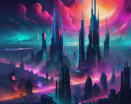 futuristic landscape,cityscape,colorful city,fantasy city,metropolis,vast,cyberpunk,fantasy landscape,dystopian,vapor,world digital painting,city skyline,alien world,dystopia,futuristic,skyscraper,alien planet,fantasy world,skyscrapers,scifi,Conceptual Art,Fantasy,Fantasy 02