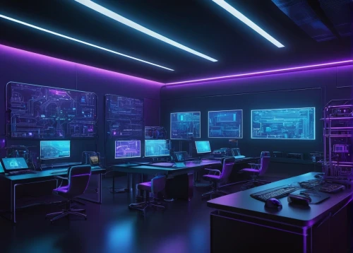 computer room,the server room,neon human resources,blur office background,cyber,modern office,cyberpunk,sci fi surgery room,study room,computer workstation,monitor wall,working space,control center,cyberspace,computer desk,creative office,game room,purple wallpaper,night administrator,laboratory,Illustration,Black and White,Black and White 23