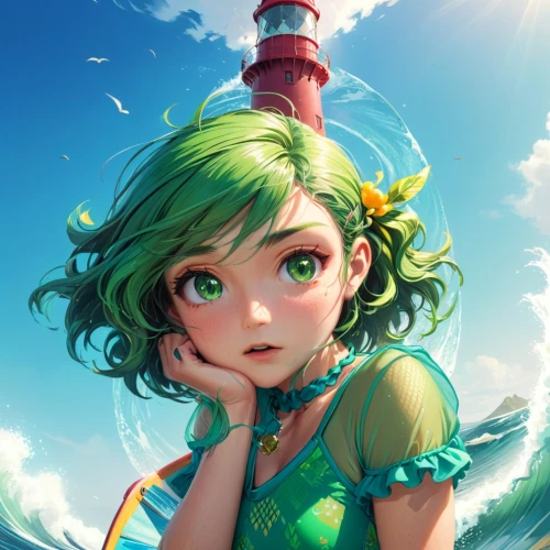 emerald sea,emerald,fae,navi,nami,ocean,fairy chimney,at sea,sea,marina,tiki,the sea maid,the wind from the sea,sea fantasy,lighthouse,little girl in wind,summer crown,green aurora,mermaid background,fantasy portrait,Anime,Anime,General