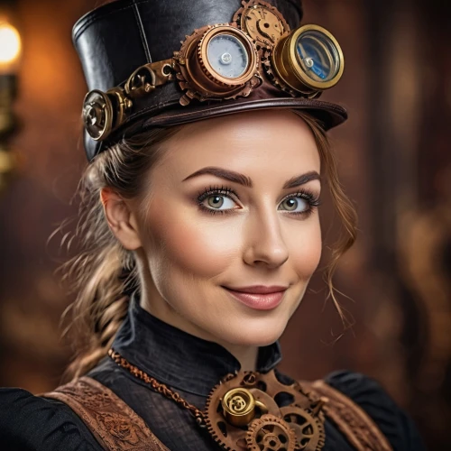 steampunk,steampunk gears,lindsey stirling,portrait photographers,victorian lady,the hat-female,female doctor,fantasy portrait,stovepipe hat,girl wearing hat,switchboard operator,woman fire fighter,celtic queen,brown cap,the hat of the woman,leather hat,clockmaker,brown hat,portrait photography,kokoshnik,Illustration,Realistic Fantasy,Realistic Fantasy 13