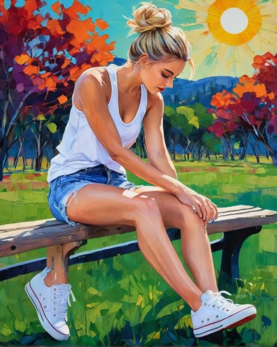 girl sitting,painting technique,park bench,girl with bread-and-butter,oil painting on canvas,oil painting,art painting,artistic roller skating,woman playing,girl lying on the grass,painting,girl drawing,woman playing tennis,relaxed young girl,girl with tree,oil on canvas,woman sitting,girl portrait,girl studying,girl in a long,Conceptual Art,Oil color,Oil Color 25