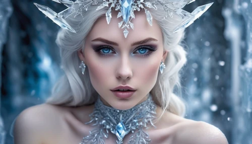 ice queen,the snow queen,ice princess,violet head elf,elven,ice crystal,crystalline,winterblueher,fantasy portrait,white rose snow queen,ice,suit of the snow maiden,fantasy art,icemaker,icicle,elsa,blue snowflake,silvery blue,fantasy picture,fantasy woman,Illustration,Black and White,Black and White 06