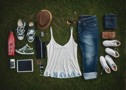 summer flat lay,flat lay,summer clothing,picnic basket,summer items,music festival,sleeveless shirt,travel woman,jeans background,picnic,camping gear,hipster,outfit,converse,first aid kit,jeans pattern,summer feeling,sports gear,flatlay,white clothing,Unique,Design,Knolling