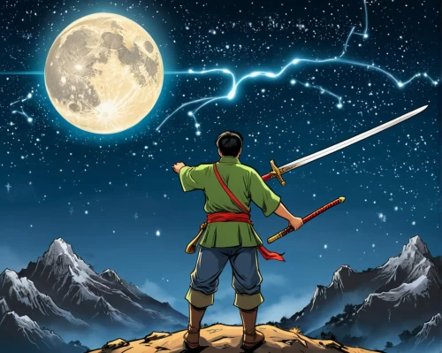 game illustration,violinist violinist of the moon,action-adventure game,link,moon and star background,adventure game,heroic fantasy,swordsman,moon walk,android game,sci fiction illustration,game art,the wanderer,big moon,super moon,quarterstaff,robin hood,rupees,book cover,massively multiplayer online role-playing game,Unique,Design,Infographics