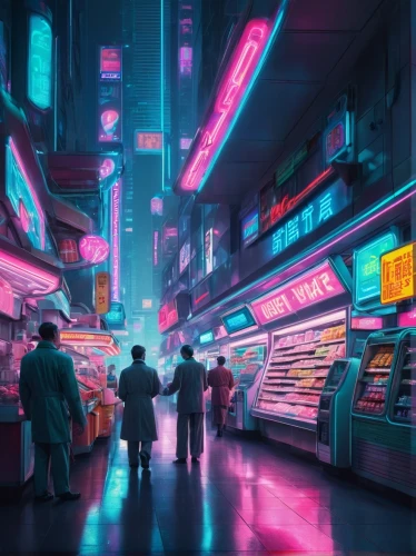 cyberpunk,shinjuku,convenience store,tokyo,tokyo city,80s,futuristic,arcade,retro diner,supermarket,kowloon,futuristic landscape,consumerism,fantasy city,vapor,dystopian,colorful city,cyberspace,deli,grocery,Conceptual Art,Sci-Fi,Sci-Fi 29