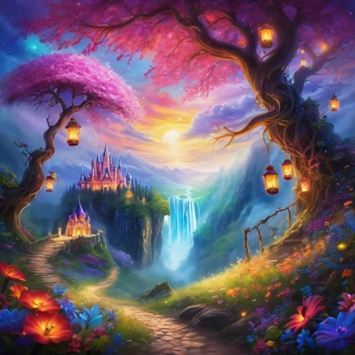 fantasy landscape,fantasy picture,fairy world,fairy village,fantasy world,fairy forest,fantasy art,enchanted forest,3d fantasy,colorful tree of life,fairytale forest,fantasia,magical adventure,fairy tale castle,fairy tale,a fairy tale,magical,dream world,wonderland,children's background,Illustration,Realistic Fantasy,Realistic Fantasy 37