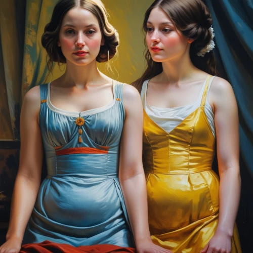 two girls,mirror image,young women,porcelain dolls,vintage girls,the three graces,joint dolls,ballerinas,oil painting,doll looking in mirror,vintage art,cloves schwindl inge,gothic portrait,oil painting on canvas,mary-gold,gemini,yellow and blue,dresses,orange robes,vintage boy and girl,Art,Classical Oil Painting,Classical Oil Painting 07