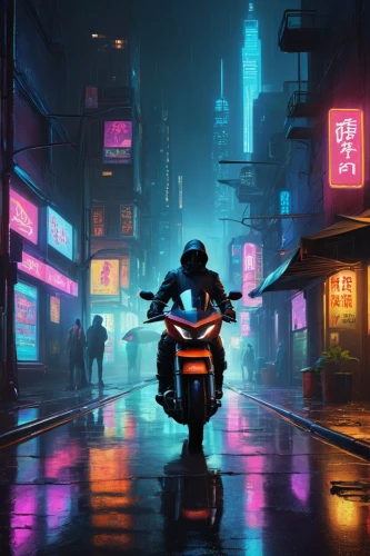 cyberpunk,electric scooter,hanoi,vapor,motorbike,neon lights,shanghai,scooters,neon arrows,neon,motorcycle,scooter,neon ghosts,dusk,scooter riding,world digital painting,neon light,80s,motorcycles,hong kong,Art,Artistic Painting,Artistic Painting 27