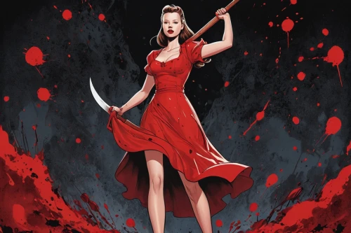 bloody mary,scythe,valentine pin up,valentine day's pin up,maraschino,vampira,scarlet witch,lady in red,vampire woman,dance of death,man in red dress,huntress,vampire lady,red gown,queen of hearts,halloween poster,pin up,femicide,tura satana,evil woman,Illustration,American Style,American Style 13