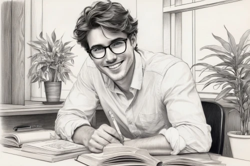 reading glasses,author,tutor,scholar,male poses for drawing,librarian,with glasses,academic,nerd,illustrator,groucho marx,book illustration,bookworm,study,santiago calatrava,professor,john lennon,writing-book,silver framed glasses,artist portrait,Illustration,Black and White,Black and White 30