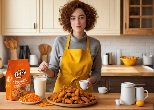 girl in the kitchen,commercial,orange,grainau,cheese puffs,chef,cooking book cover,food styling,cg,product photos,cinnamon girl,pumpkin pie spice,kraft,diet icon,food and cooking,vitamin c,pretzels,dahl,oat,pieces of orange,Illustration,Retro,Retro 15