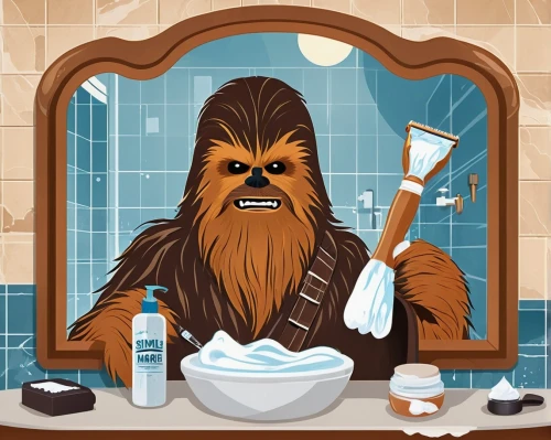 chewbacca,personal grooming,shaving,shave,chewy,tooth brushing,brush teeth,star wars,the long-hair cutter,starwars,cleaning conditioner,toothbrush holder,grooming,toilet brush,shower curtain,cg artwork,luke skywalker,bath accessories,no shave,toothbrush,Illustration,Vector,Vector 01