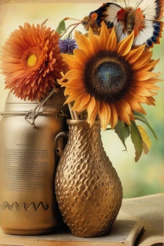 sunflowers in vase,flower painting,summer still-life,flower vase,vase,autumn still life,flowers png,sunflower seeds,flower art,oil painting on canvas,still life of spring,photo painting,sunflowers,oil painting,boho art,art painting,flower and bird illustration,bird painting,still life photography,sunflower lace background,Illustration,Realistic Fantasy,Realistic Fantasy 13