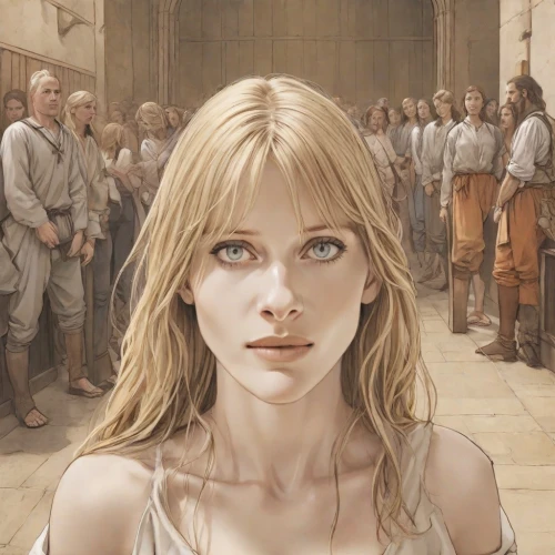 joan of arc,the girl's face,blond girl,fantasy portrait,the enchantress,jessamine,girl in a historic way,the magdalene,blonde woman,blonde girl,mystical portrait of a girl,priestess,the girl,pilgrim,portrait of christi,labyrinth,the blonde in the river,camelot,elven,hall of the fallen,Digital Art,Comic