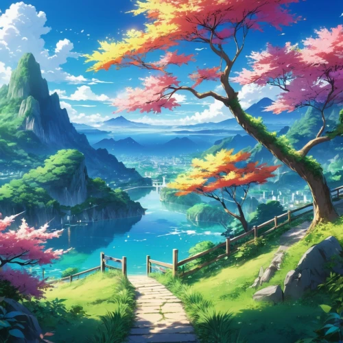 landscape background,fantasy landscape,springtime background,spring background,japanese sakura background,mountain landscape,beautiful landscape,high landscape,mountain scene,mountainous landscape,nature landscape,sakura background,cartoon video game background,mount scenery,scenery,meteora,natural scenery,the natural scenery,forest landscape,autumn mountains,Illustration,Japanese style,Japanese Style 03