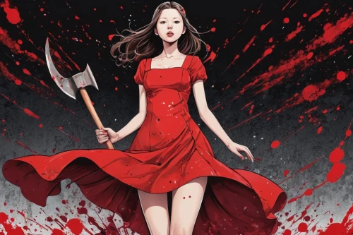 bloody mary,scarlet witch,man in red dress,red gown,vampire woman,lady in red,vampire lady,blood church,scythe,blood collection,red confetti,vampira,flamenco,blood spatter,girl in red dress,maraschino,a drop of blood,dripping blood,fallen petals,femme fatale,Illustration,Japanese style,Japanese Style 04