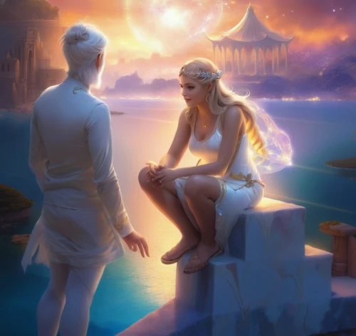 tiber riven,cg artwork,aladdin,fantasy picture,sci fiction illustration,atlantis,romantic scene,game illustration,sun and moon,greek mythology,idyll,rem in arabian nights,thermae,celestial event,artemis temple,background image,astral traveler,greek myth,romantic meeting,honeymoon,Illustration,Realistic Fantasy,Realistic Fantasy 01