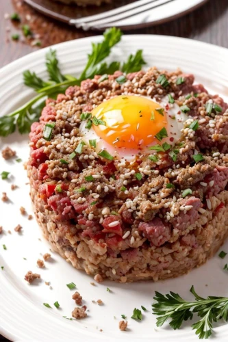 rice with minced pork and fried egg,tartare steak,steak tartare,minced beef steak,tartare,gallo pinto,lahmacun,ground turkey,duxelles,tapenade,minced meat,menemen,nasi goreng,ful medames,ground meat,rice with fried egg,egg wrapped fried rice,minced ' meat,arborio rice,arroz a la valenciana