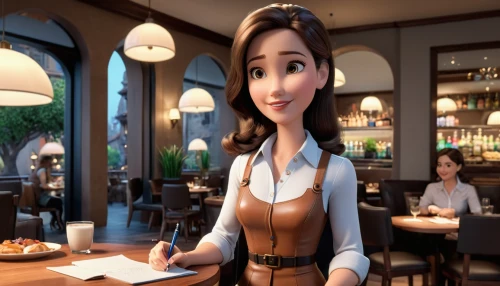 waitress,animated cartoon,barmaid,cute cartoon character,bookkeeper,agnes,disney character,animator,girl studying,bartender,princess anna,woman at cafe,tiana,character animation,cute cartoon image,receptionist,paris cafe,animation,the girl's face,shanghai disney,Unique,3D,3D Character