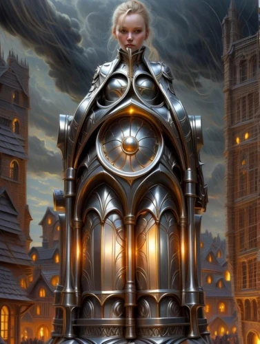 the throne,grandfather clock,fantasy picture,throne,dwarf sundheim,clockmaker,knight pulpit,fantasy portrait,scales of justice,gullideckel,fantasy art,templedrom,metropolis,cuckoo clock,castle of the corvin,children's fairy tale,heroic fantasy,paladin,fantasy city,queen cage