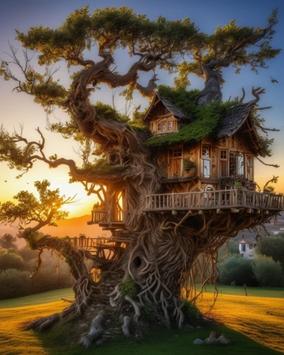 tree house,tree house hotel,treehouse,crooked house,dragon tree,fairy house,house in the forest,the japanese tree,celtic tree,magic tree,wooden house,witch's house,stilt house,3d fantasy,miniature house,tree of life,fantasy picture,ancient house,little house,fairy tale castle,Photography,General,Realistic