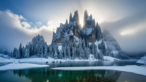 ice castle,dolomites,ice landscape,dolomiti,lake misurina,snow mountain,fantasy landscape,snow mountains,baffin island,landscape photography,emerald lake,the sesto dolomites,castle mountain,snowy peaks,fairytale castle,stone towers,snow landscape,snowy mountains,south tyrol,heaven lake,Photography,General,Realistic