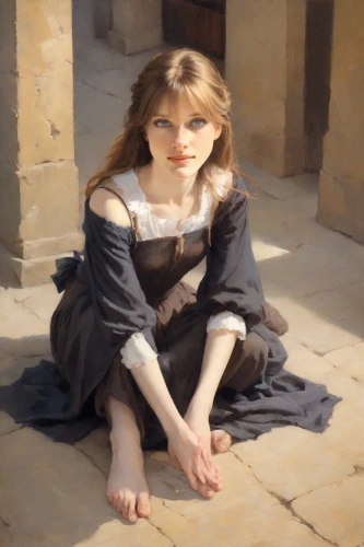 emile vernon,girl in a long dress,porcelain doll,bouguereau,girl sitting,the girl is lying on the floor,girl in a historic way,girl on the stairs,jessamine,barefoot,portrait of christi,swifts,cinderella,gothic portrait,art model,enchanting,torn dress,woman sitting,oil painting,photo session in torn clothes,Digital Art,Impressionism